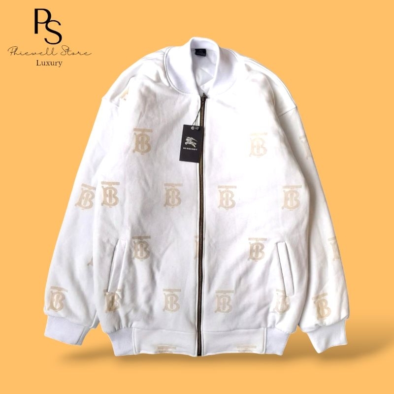 Varsity Jacket Burberry London White Peach Bomber Patch Fulltag Premium Hypebeast Unisex Pria Wanita