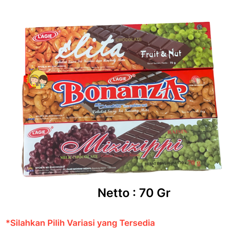 

Cokelat Lagie Boanza Elita Mizizippi 70gr | Cokelat Kacang Mete & Kismis by Jadoel_Snack