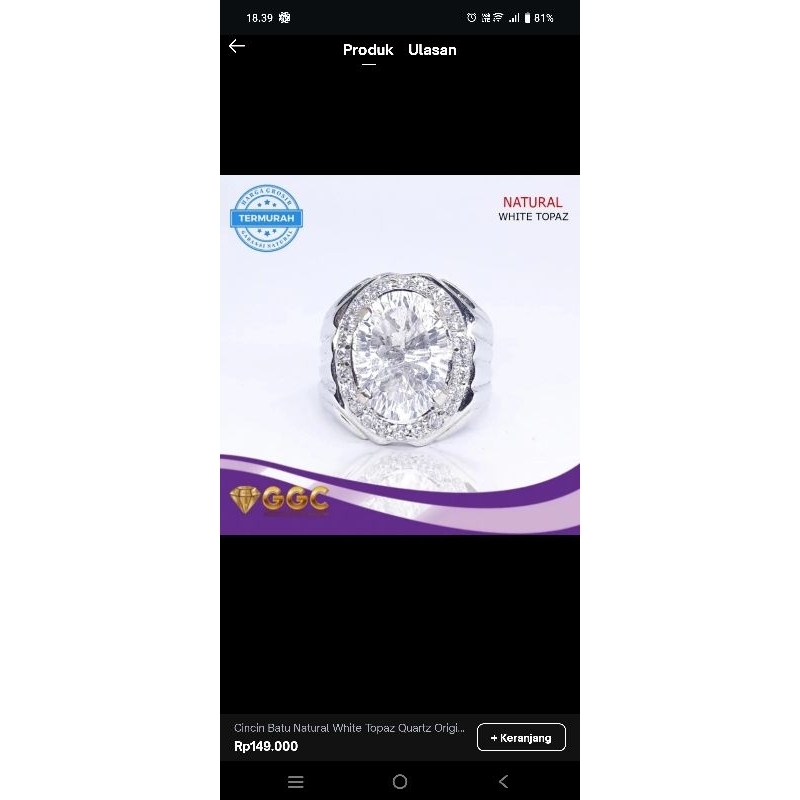 Cincin Batu Natural White Topaz Quartz Original