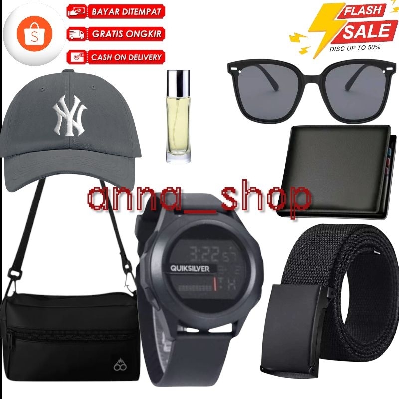 [Terlaris]7 in 1 Tas Selempang Topi Distro Hitam Gesper Ikat Pinggang Jam Tangan Dompet Kulit Kacama