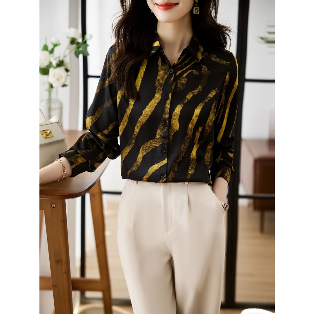 TianShun Premium Gold Stripe Print Black Shirt Korean Long sleeved Work Conference Casual Women Top