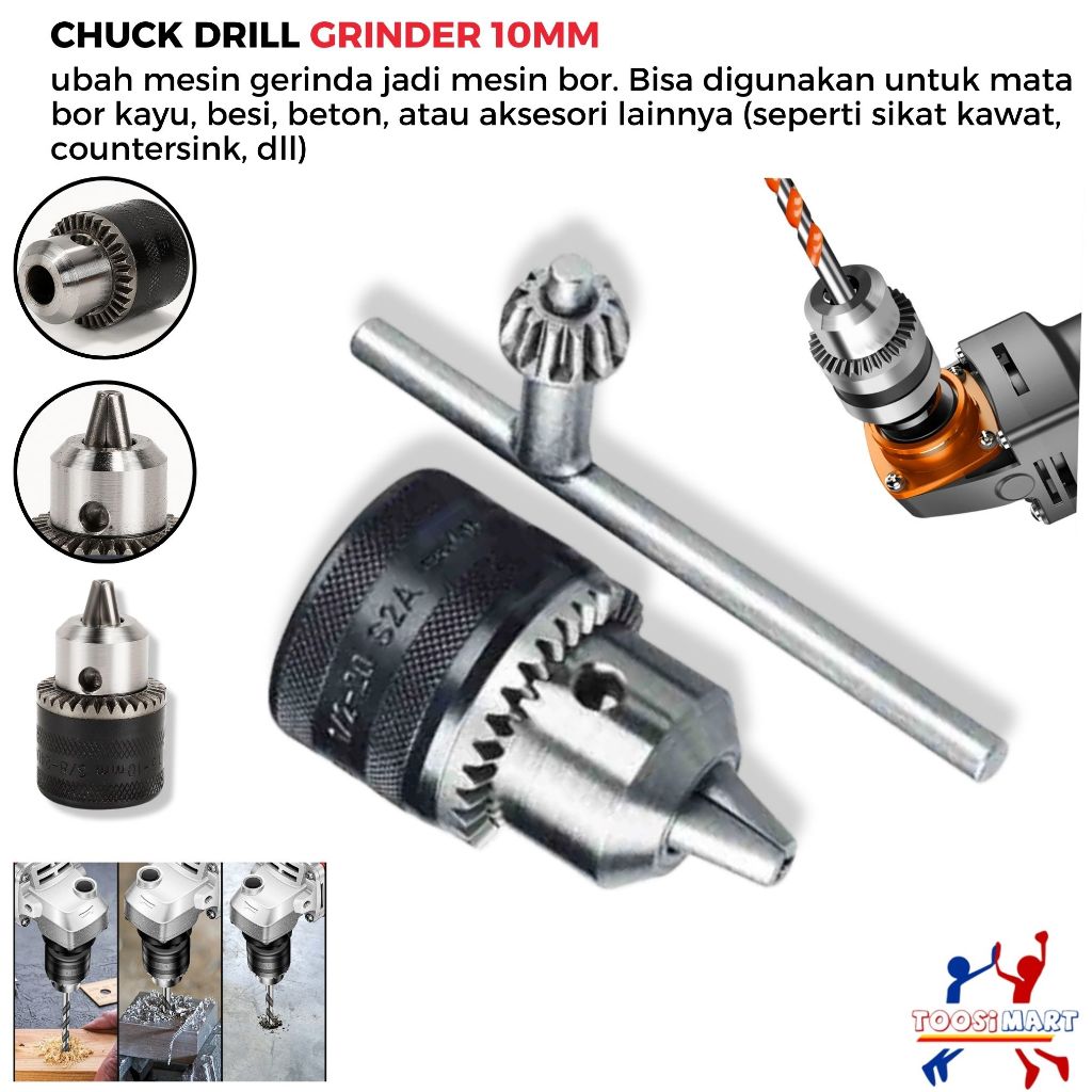 Kepala Bor 10MM Drill Chuck / Ubah Mesin Gerinda Jadi Mesin Bor /  Mata Bor Kayu, Besi, Beton