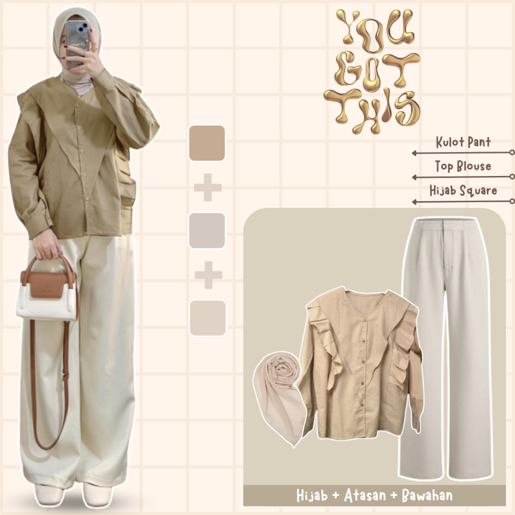 One Set Wanita Hijab Kemeja Ruffle, Celana Kulot, Jilbab Segiempat Setelan Ootd Hijab Casual - LN131