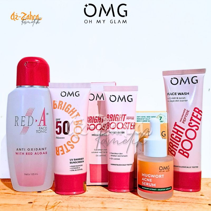 OMG Oh My Glow Bright Booster Paket Cream Face Wash Serum Acne Sunscreen Red A Toner