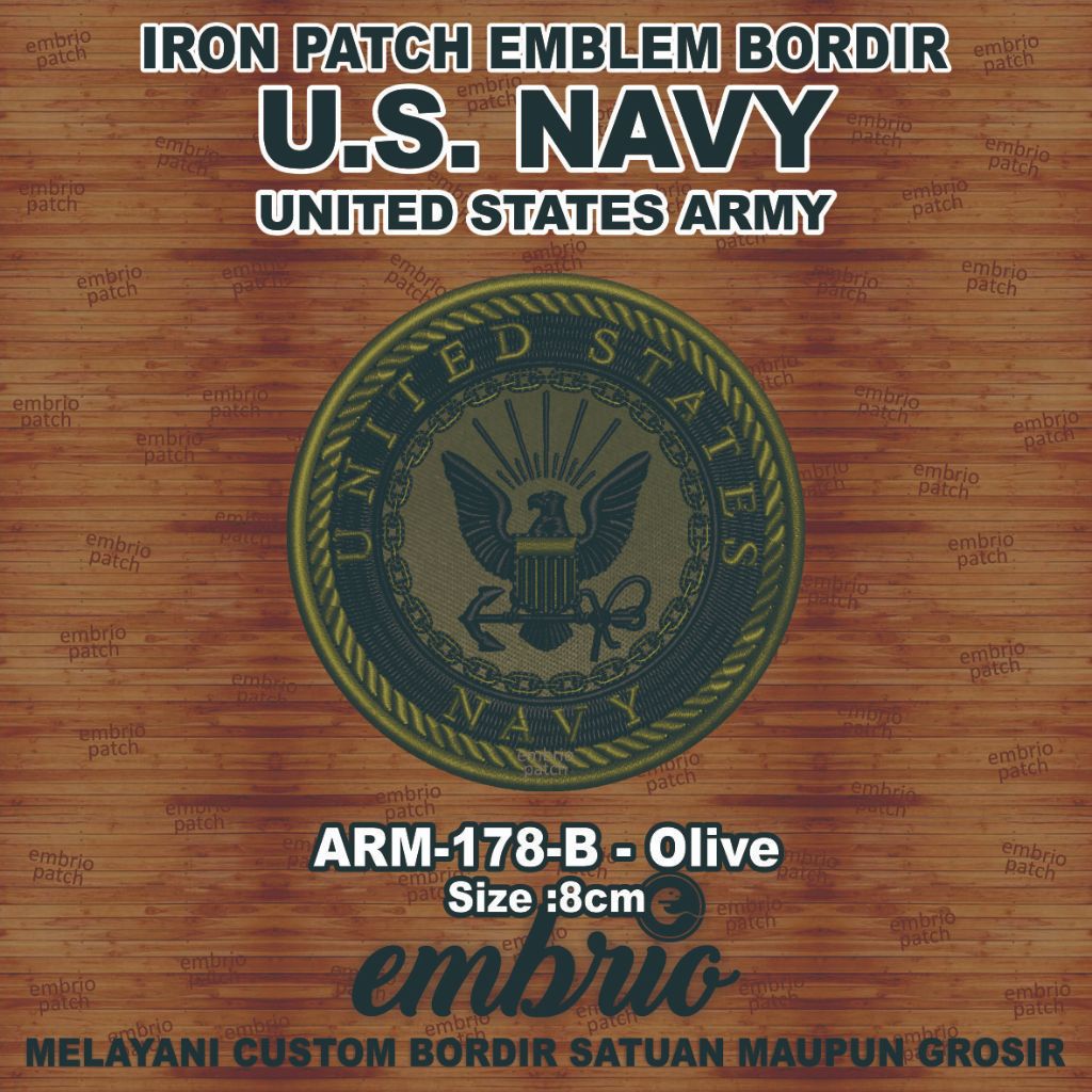 ARM-178-B Patch Logo US NAVY Emblem Bordir Logo US Army Tentara Angkatan Laut Amerika - Olive - 8cm 