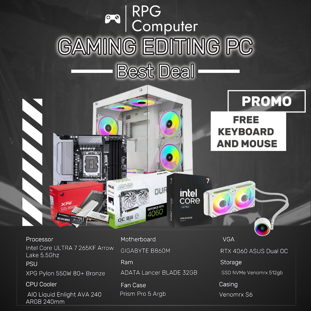 PC Editing Design & AI Processor Intel Core ULTRA 7 265KF GIGABYTE B860M RTX 4060 Ram 32GB