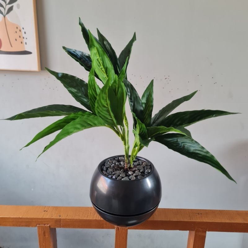 tanaman hias artificial gelombang cinta 3 cabang  plastik dekorasi pot bulat