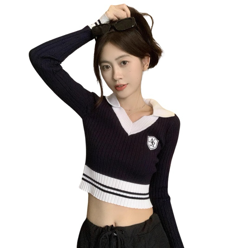 Kaos Rajut Wanita Crop Top V Neck Polo Import Premium