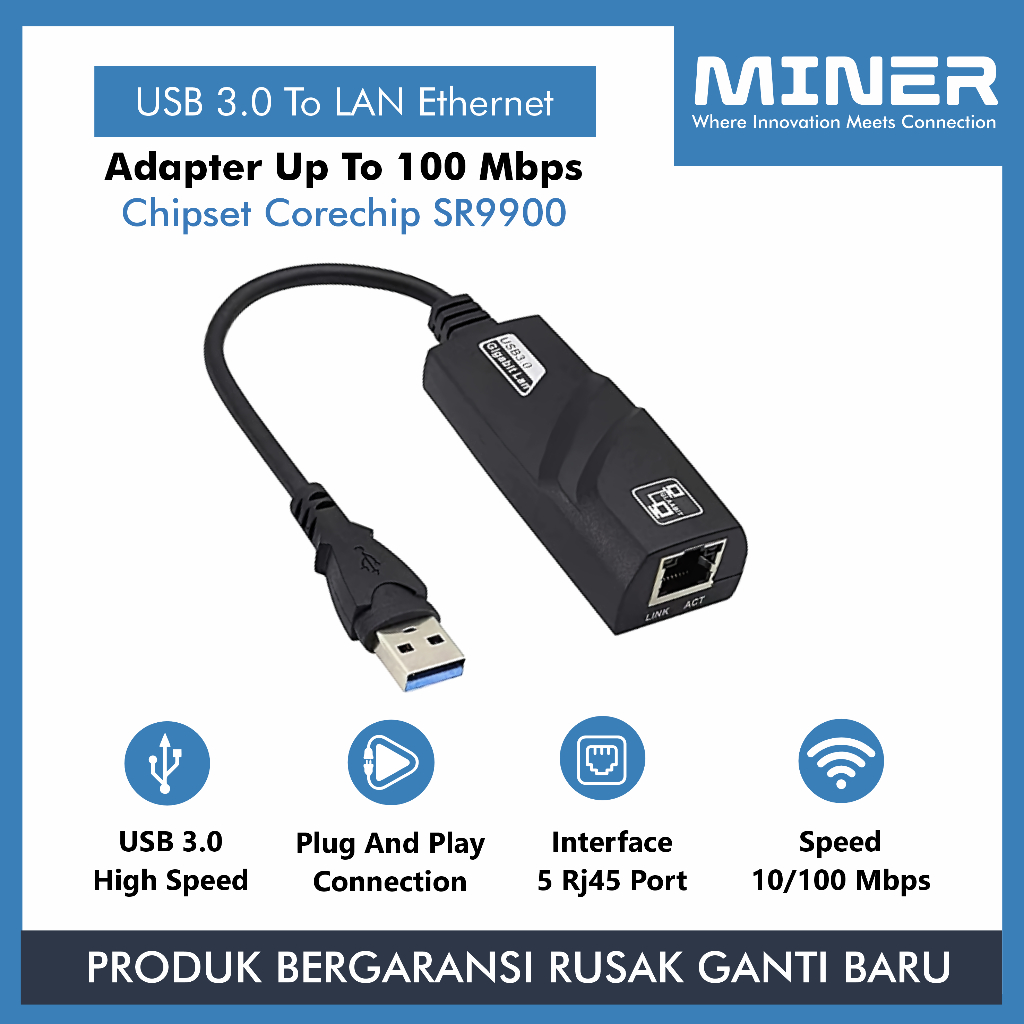 MINER USB 3.0 To LAN Ethernet Adapter Chipset Corechip SR9900 Up to 100Mbps Kualitas Premium