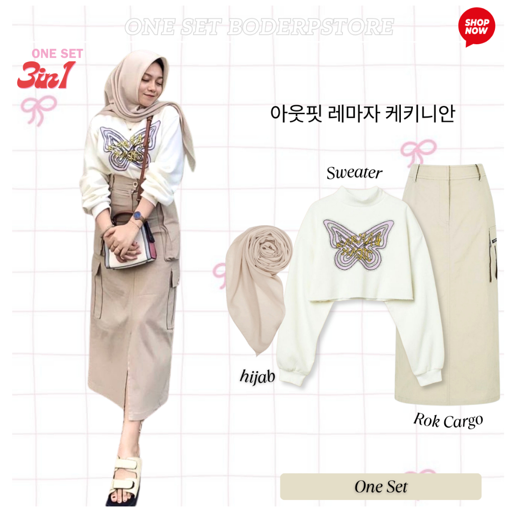 Hijab Look Dress Well One Set Kekinian – Sweater Crop Turtleneck + Rok Cargo + Hijab Korean Style