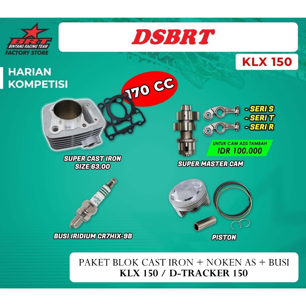 PAKET BORE UP BRT KLX 150 HARIAN TRABAS BLOK 63 CAM RRA NOKEN AS BUSI BRT KLX 150 DTRACKER 150 170CC