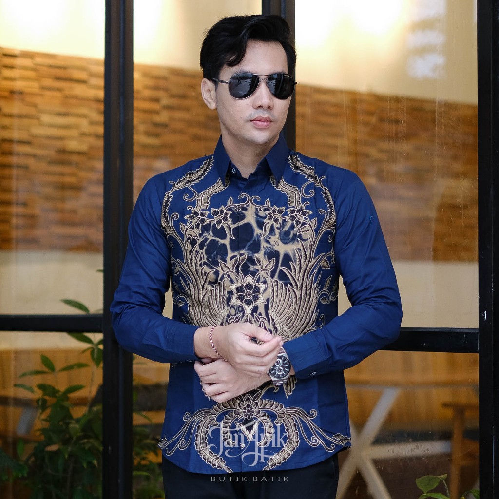 JAN APIK | Baju Batik Lengan Panjang Pria Kemeja Katun Slimfit Lapis Furing Mewah Warna Biru