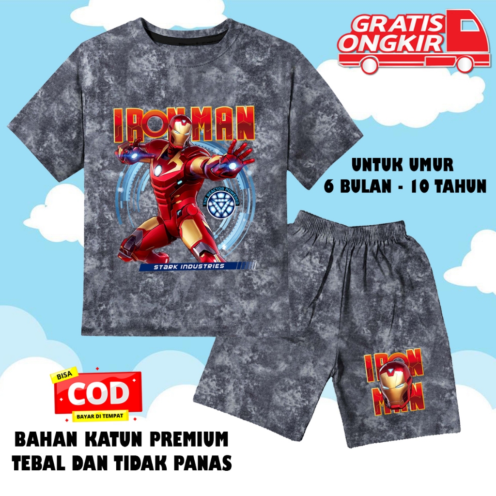 Setelan denim jeans lengan pendek anak laki laki perempuan set baju kaos pendek anak iron man 1