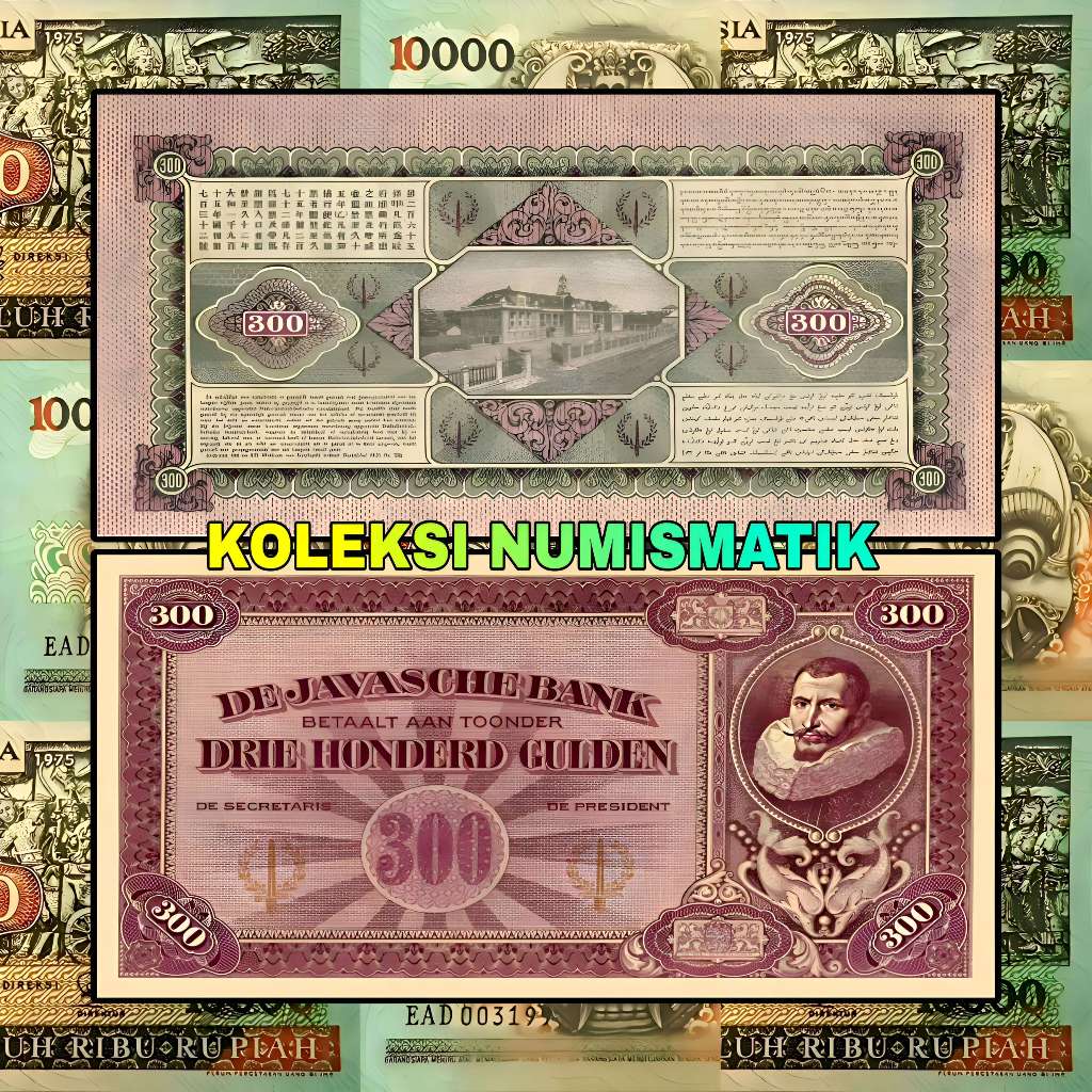SOUVENIR KERTAS KUNO HINDIA BELANDA 300 GULDEN JP COEN 1926