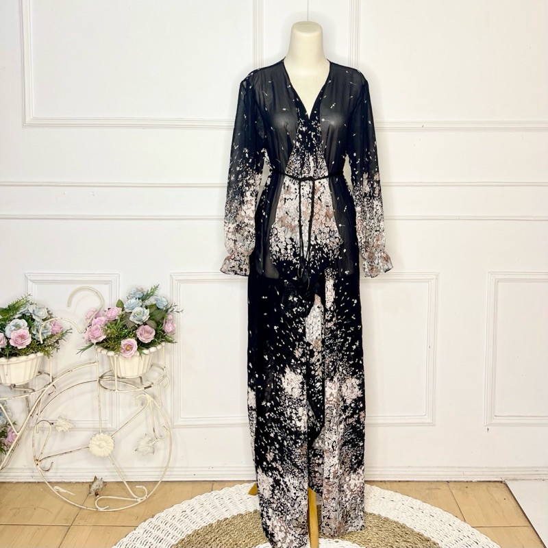 RB Long Outer Cardigan Wanita Ceruty Motif Remaja Dewasa Kekinian free ikat pinggang cantik mutiara