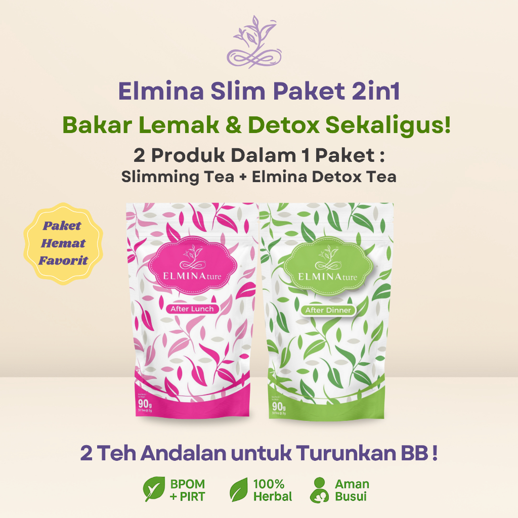 Paket 2in1 Elmina Slim – Teh Detox + Slimming Tea | Teh Diet Herbal Pelangsing BPOM & Halal