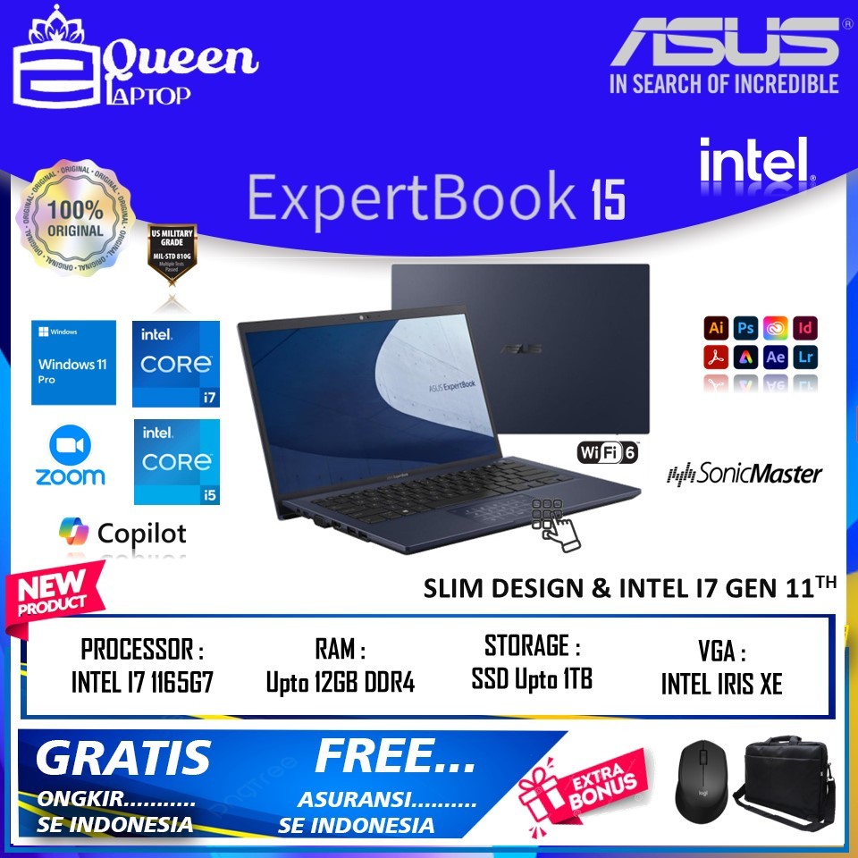 LAPTOP ASUS EXPERTBOOK B1500CEAE INTEL I7 1165G7 16GB 1TB SSD FHD IPS BACKLIGHT FP WIN 11 PRO