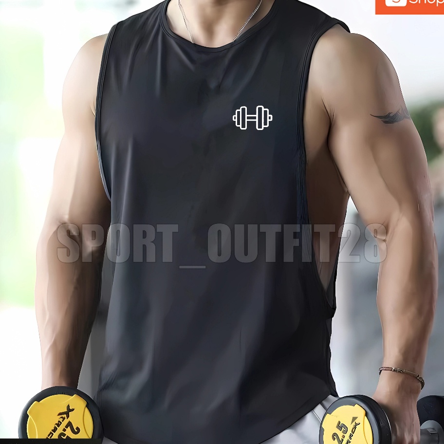 COD Baju Lowcut Pria Tanpa Lengan Logo Samping Outfit Gym Sport