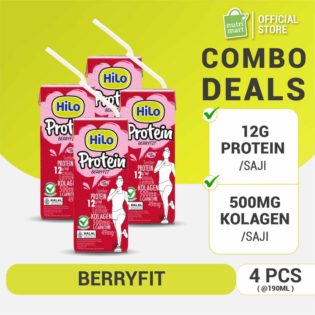 4 Packs - HiLo Protein Berryfit UHT 190 ml (4 pcs RTD ) – Susu Tinggi Protein dengan Collagen Rasa S