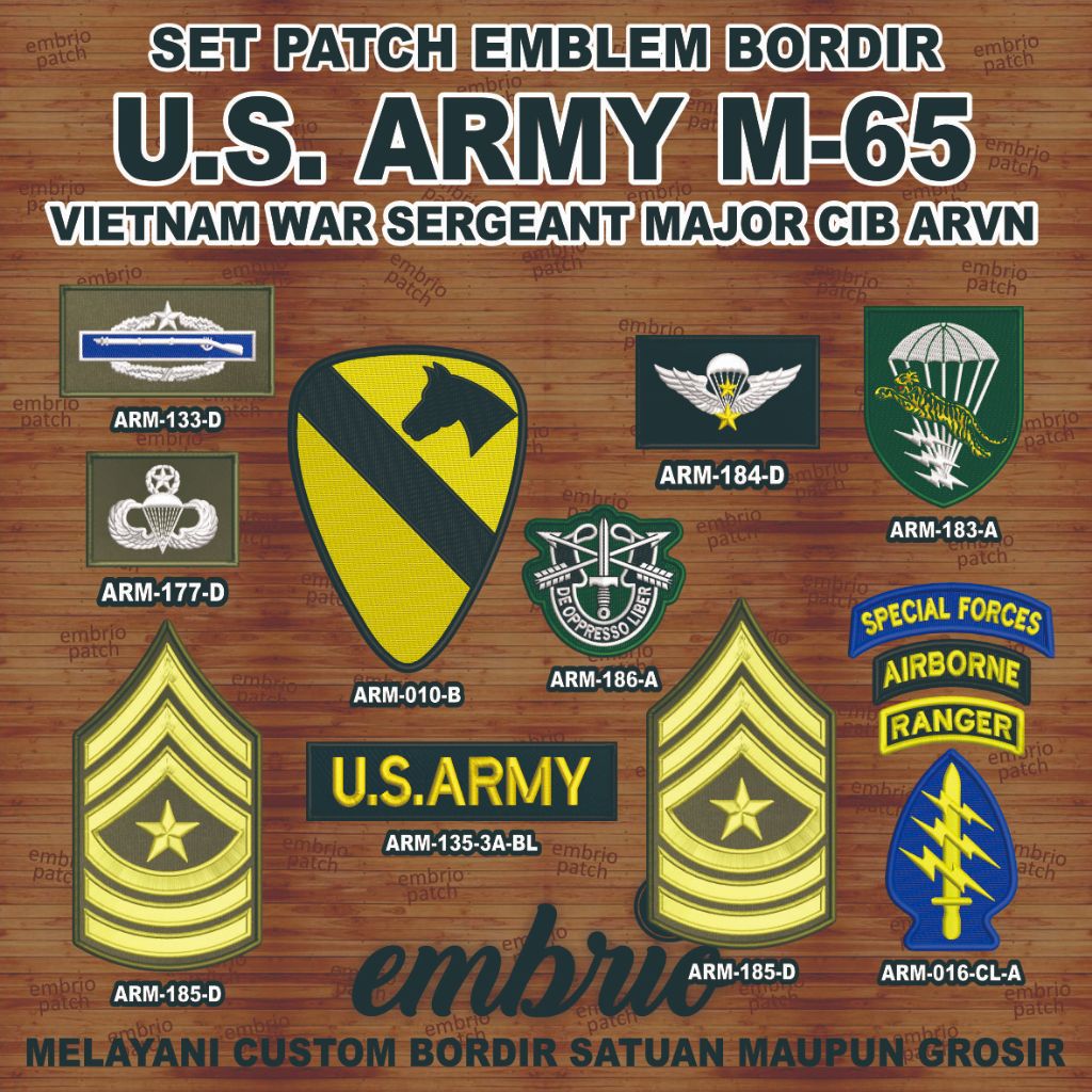 ARM-202 Emblem Bordir Jaket US Army M65 Vietnam War M-65 Sergeant Major CIB ARVN wwii Parachutist Sp