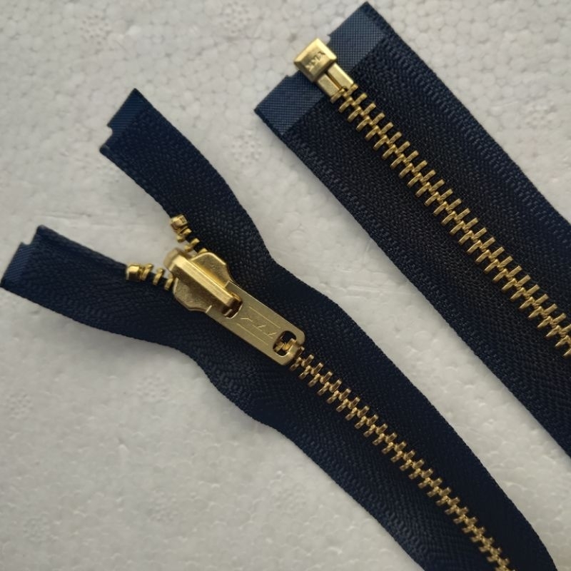 Resleting / Zipper Jaket YKK Gigi besi Gold kepala bolak balik