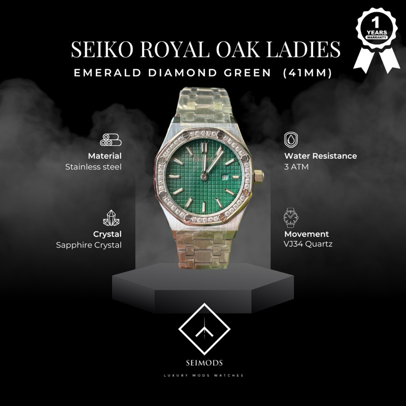 Jam Tangan Seiko Mod Royal Oak Emerald Greem Diamond 31mm VJ34 Quartz Women Watch Perempuan