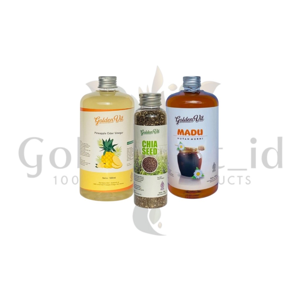 

Goldenvit Paket Hemat 3in1 + Free Gelas Takar Cuka Nanas 500ml , Madu Hutan 500ml , Chiaseed 70g