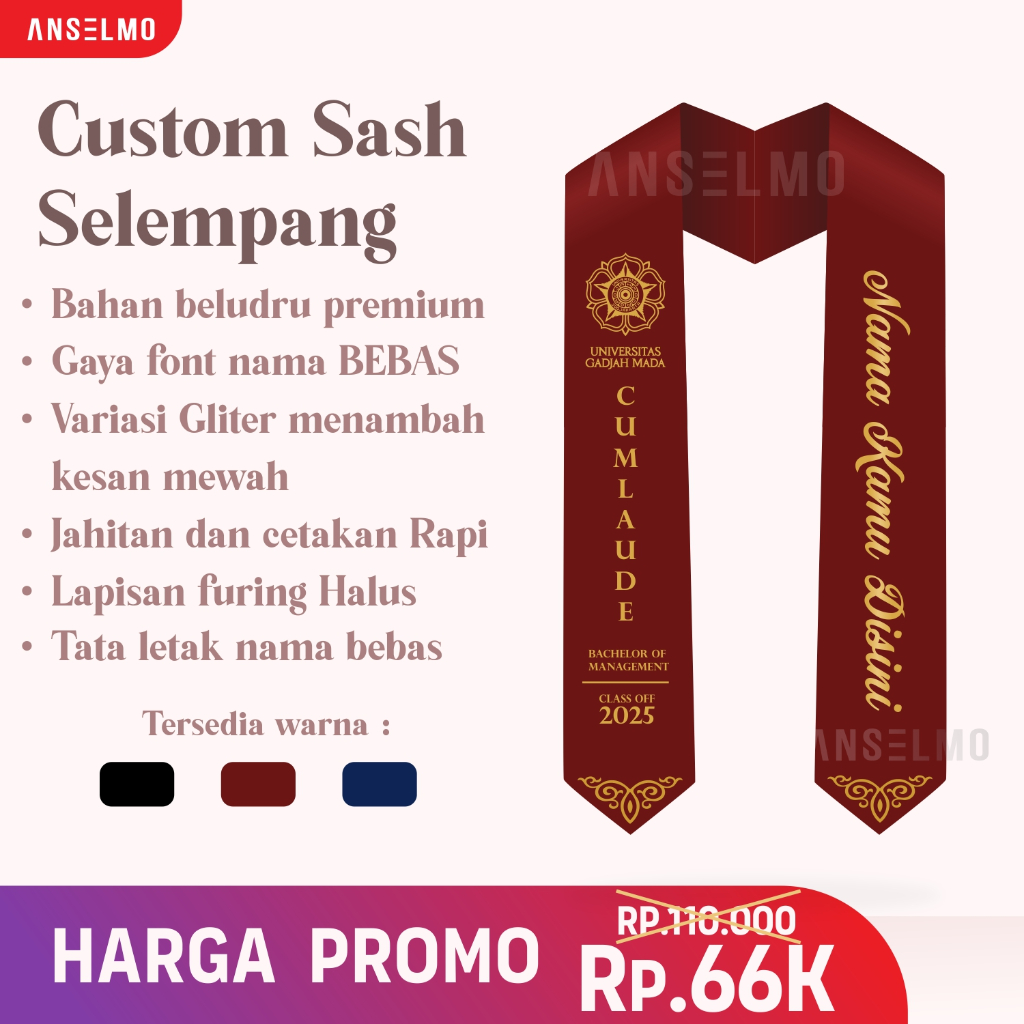CUSTOM Selempang wisuda SASH Graduation - Bahan premium & furing halus - Font Nama Gold GLITTER / Si