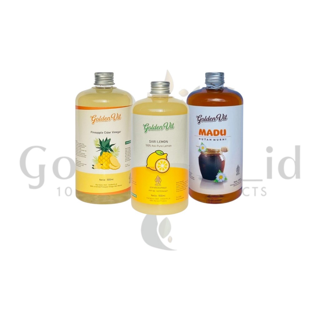 

Goldenvit Paket Hemat 3in1 + Free Gelas Takar Sari Lemon 500ml , Cuka Nanas 500ml , Madu Hutan 500ml