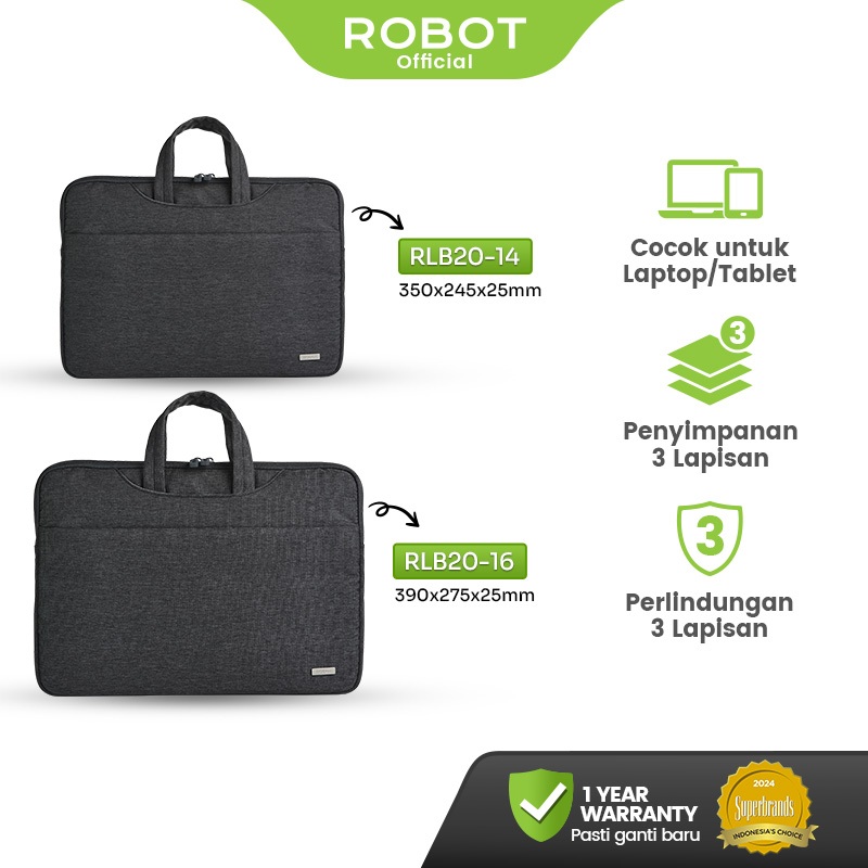 ROBOT Tas Laptop Sleeve Pouch Sleeve Case Laptop Macbook Ukuran 14-16 inch RLB20-14 / RLB20-16 Origi