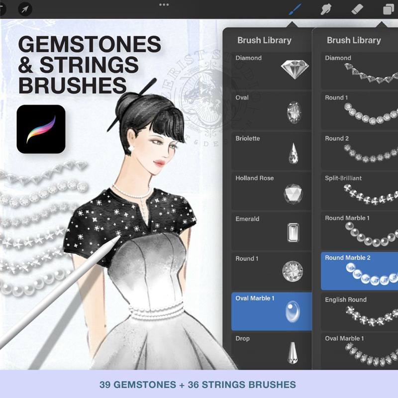 

Gemstones Brushes Original ZERIST STUDIO untuk iPad - 75+ Brush Mewah untuk Ilustrasi Fashion & Jewelry