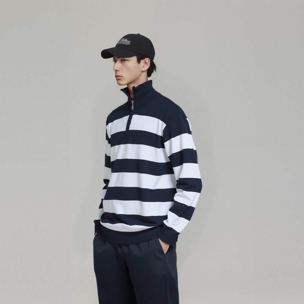 baju rajut pria dewasa tangan panjang RH - sweater kerah tinggi resleting zipper motif belang garis 