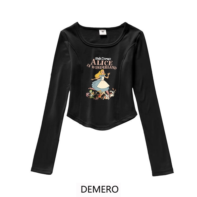 Demero Atasan Pendek Lengan Panjang Motif Kartun Lucu Wanita Korea Terbaru | Kaos Ketat Wanita Moder
