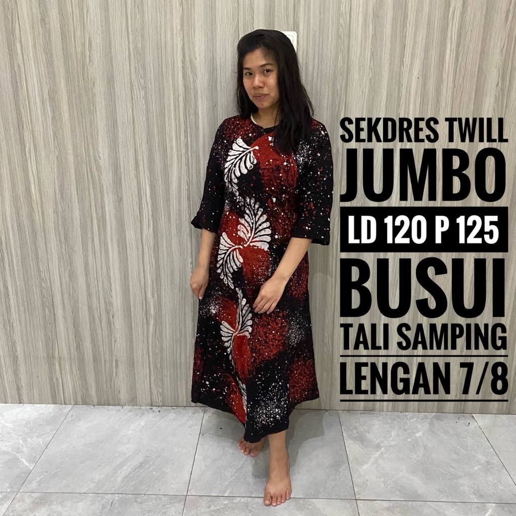 Daster Jumbo LD 120 Rayon Twill Ori Lengan 7/8 Busui Friendly Resleting Depan Tali Samping Motif Bat