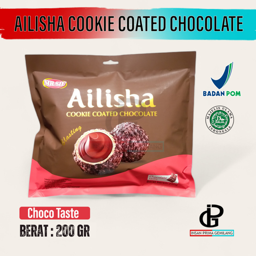 

MR. SIF Ailisha COOKIE COATED CHOCOLATE Blasting Cokelat Compound Susu dengan Serpihan Kukis isi Cokelat Rasa Chocolate Taste 200gr