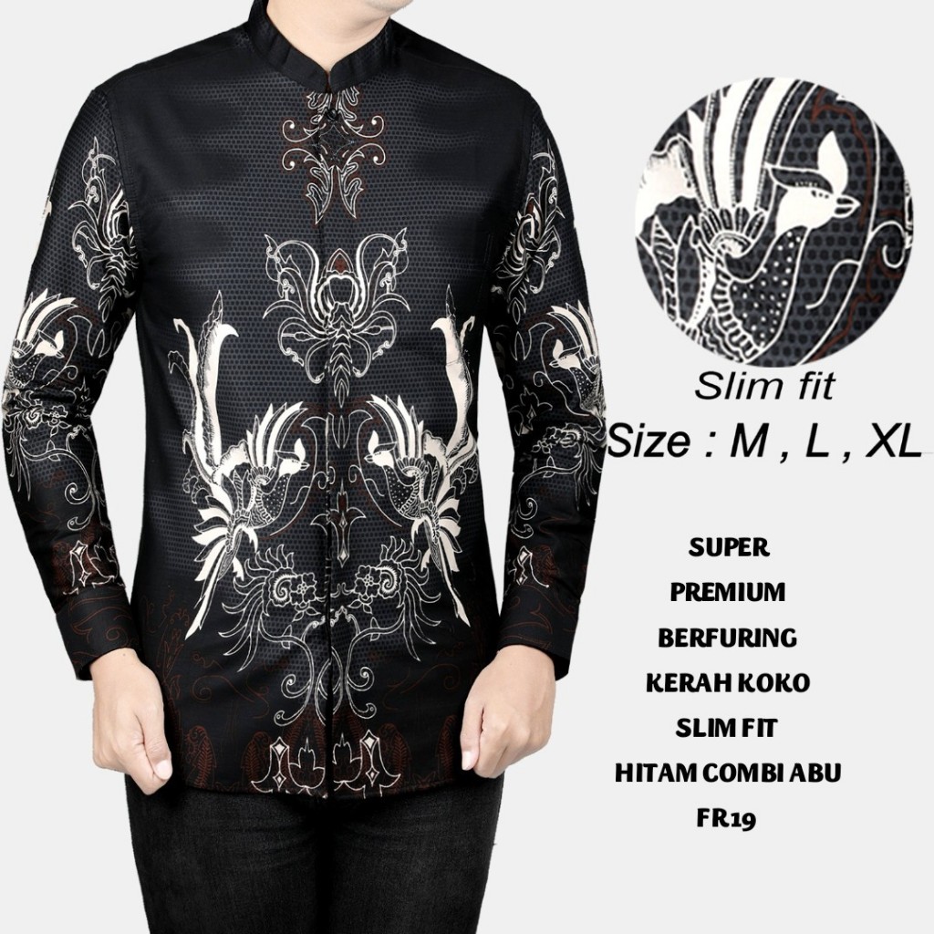 KEMEJA BATIK PRIA SLIM FIT LENGAN PANJANG FORTUN REMO BAJU BATIK KERAH KOKO WARNA HITAM ABU FR 19