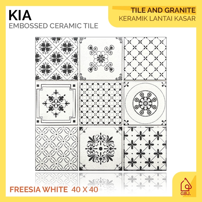 KERAMIK KIA 40 X 40 FREESIA WHITE / KERAMIK LANTAI HIAS KASAR EMBOSSED TIMBUL / KERAMIK TERAS KAMAR 