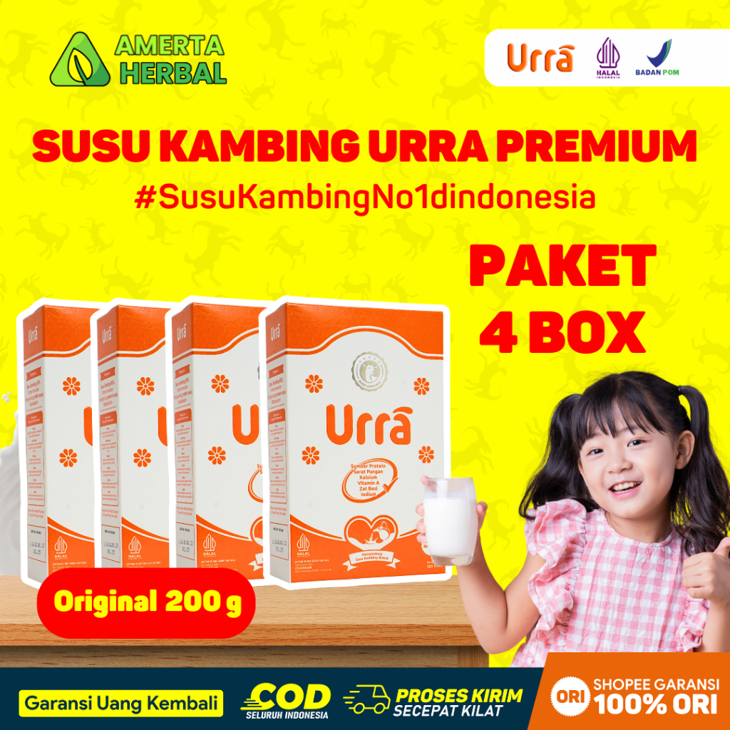 

[ PAKET 4 BOX ] SUSU URRA - Susu Kambing Saanen Bubuk Premium - Rasa Original 200gr Halal BPOM