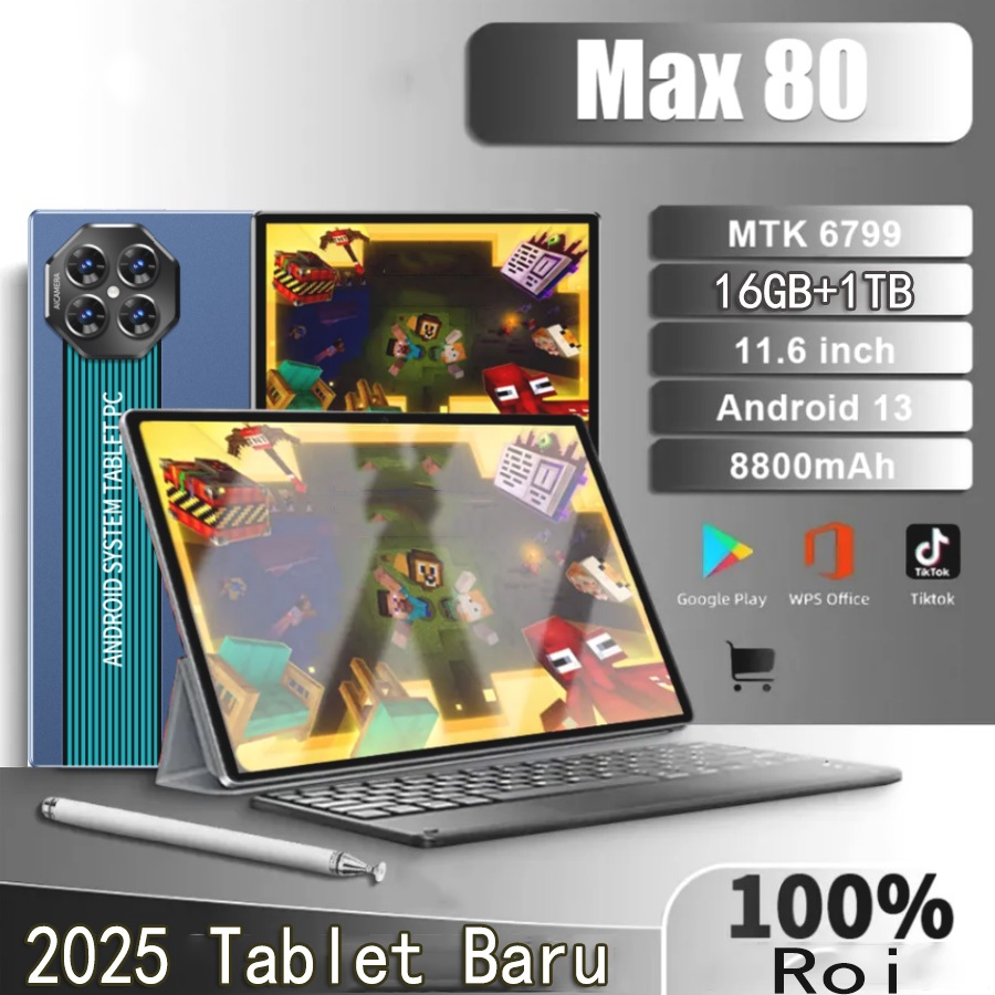 Tablet Murah Max 80 Cuci Gudang Tablet Android Baru 16GB + 1TB Tab 11.6Inci Layar Layar Penuh Layar 