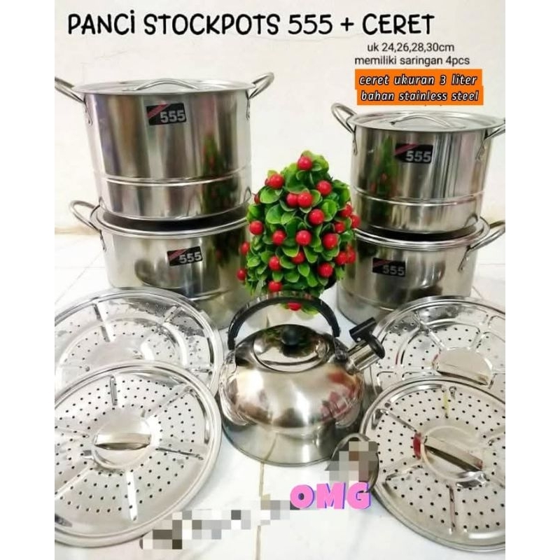 Panci Stockpot Merk 555 / Dandang Steamer Merk 555 isi 4pcs + ceret 1
