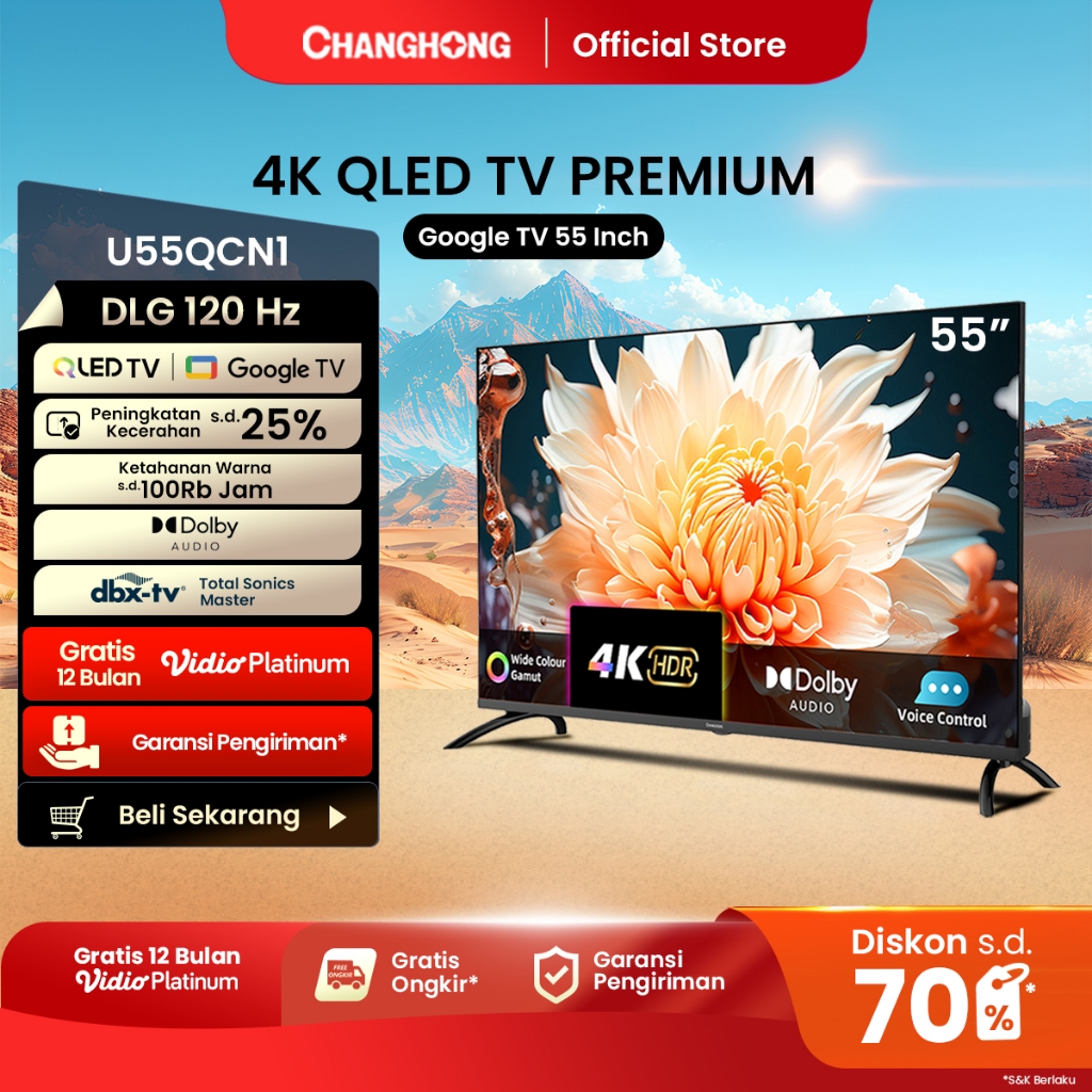 Changhong QLED TV 55 inch DLG 120HZ 4K Google TV Smart TV Digital Dolby Audio DBX-TV (U55QCN1)