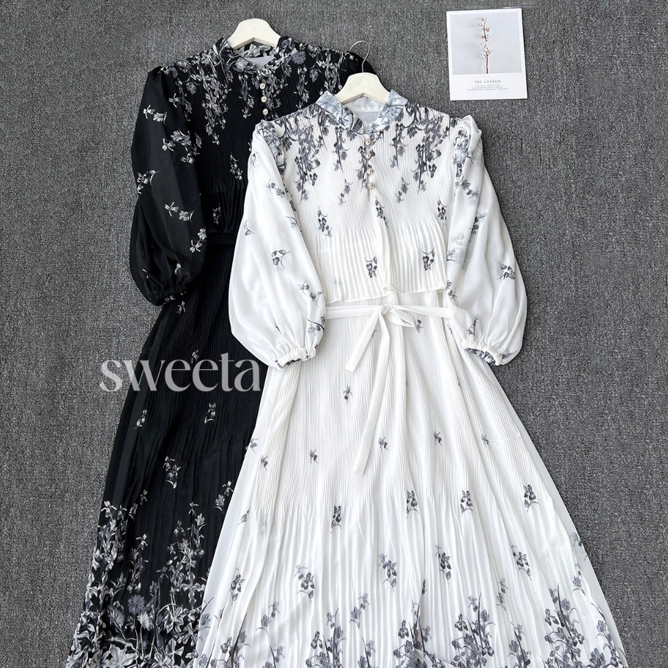 Harga Murah SWEETA  Midi Dress Plisket Double Layer Lengan Balon  LD 15cm  Ceruty Full Fu  Korea Sty