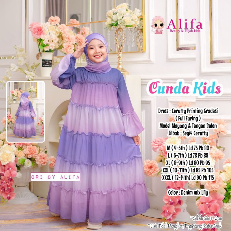 [ Alifa hijab kids fashion ] Cunda Kids Gamis Ceruty Free Hijab Segi Empat By Alifa Kids