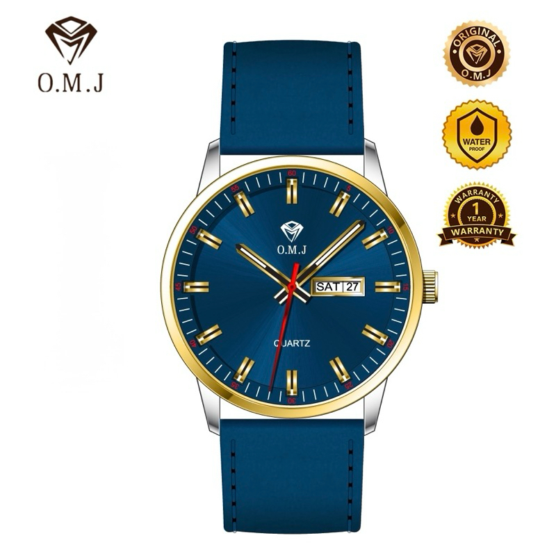 OMJ M046 Jam Tangan Pria Tali Kulit Asli Stainless Steel Biru Gaya Kantor Profesional Wanita Suka Wa