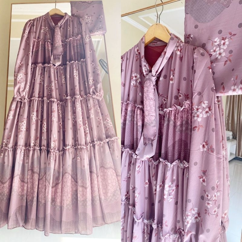 Setelan Gamis Kerudung Bahan Ceruty Babydoll Model Umpak Lebar Bawah Super Mayung Hawari