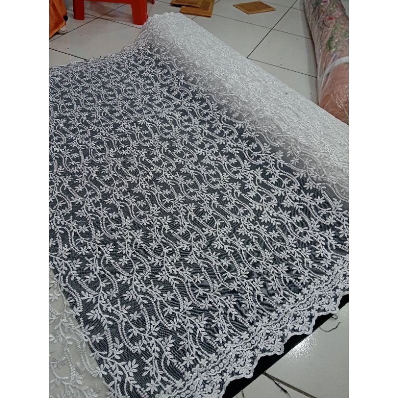 BAHAN/KAIN TILLE BORDIR MERAMBAT TERBARU/TILLE BORDIR KHUSUS WARNA PUTIH