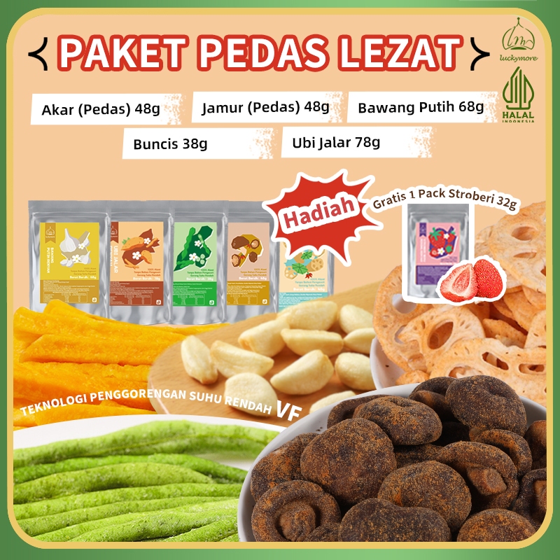 

【Luckymore】HALAL Paket Keripik Pedas Sehat 5 Rasa Sayur dan Bonus Stroberi Tanpa MSG Halal Renyah Snacks, Dried Snacks, Camilan Sehat