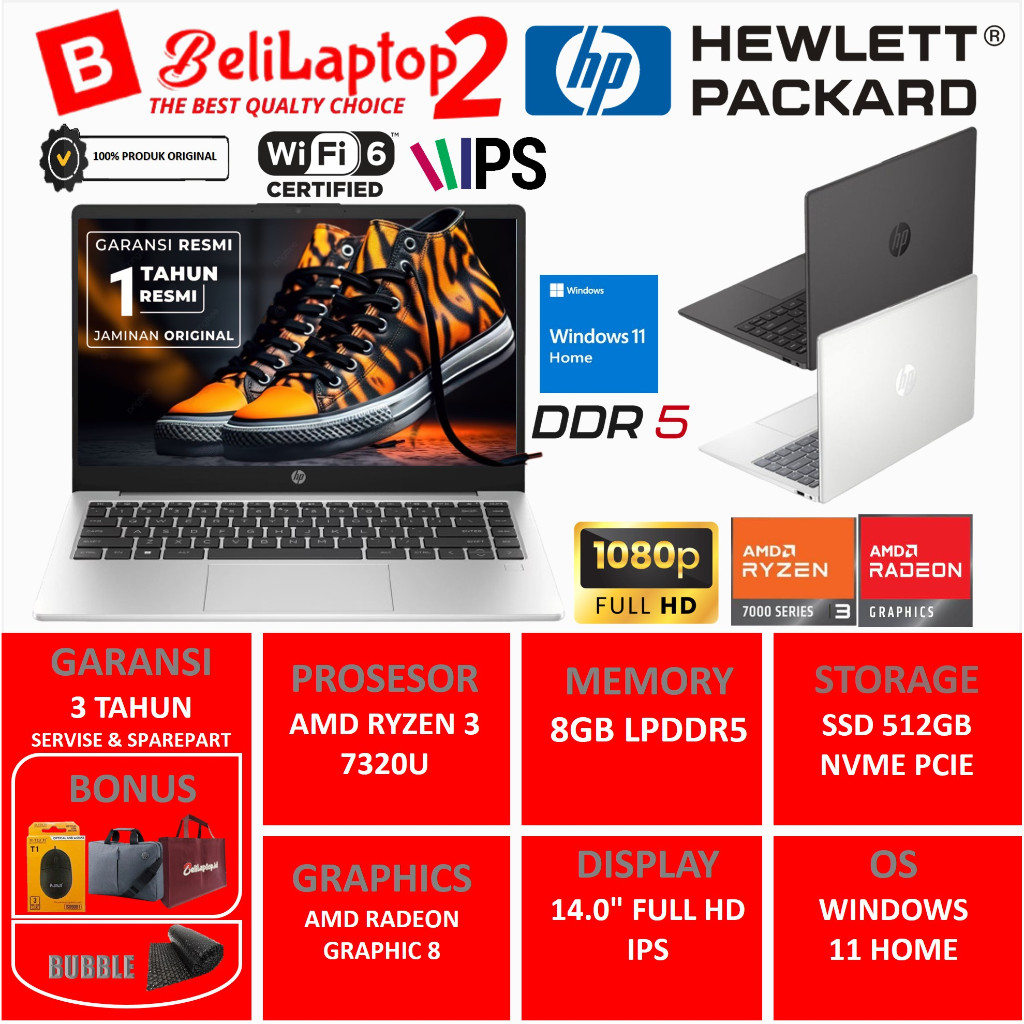 Laptop Gaming Hp 245 G10 AMD Ryzen 3 7320U 8GB 512GB SSD 14 FHD Windows 11 Original Terbaru