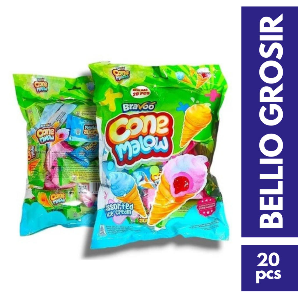 

20 PCS BRAVO CONE MALLOW Makanan Manis Rendah Gula Bentuk Eskrim Cone Warna Warni