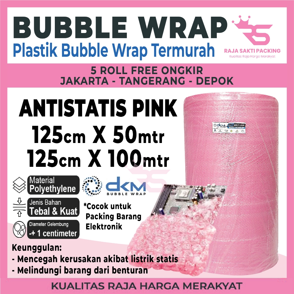 

Bubble Wrap DKM PLUS Anti Statik Merah Muda 125CM X 50M Bubble Anti Statis Packing Alat Elektronik Termurah